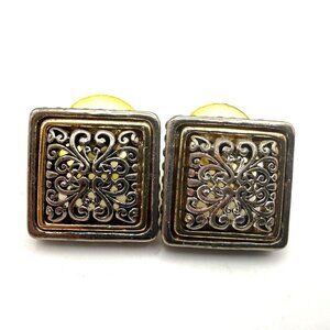 Vintage Square Filigree Stud Earrings | Silver & Gold Tone Ornate Metal Studs